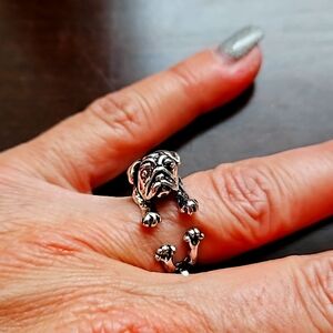 Trendy Silver with Antique Finish 3D Pug Ring Size 6 (adjustable)